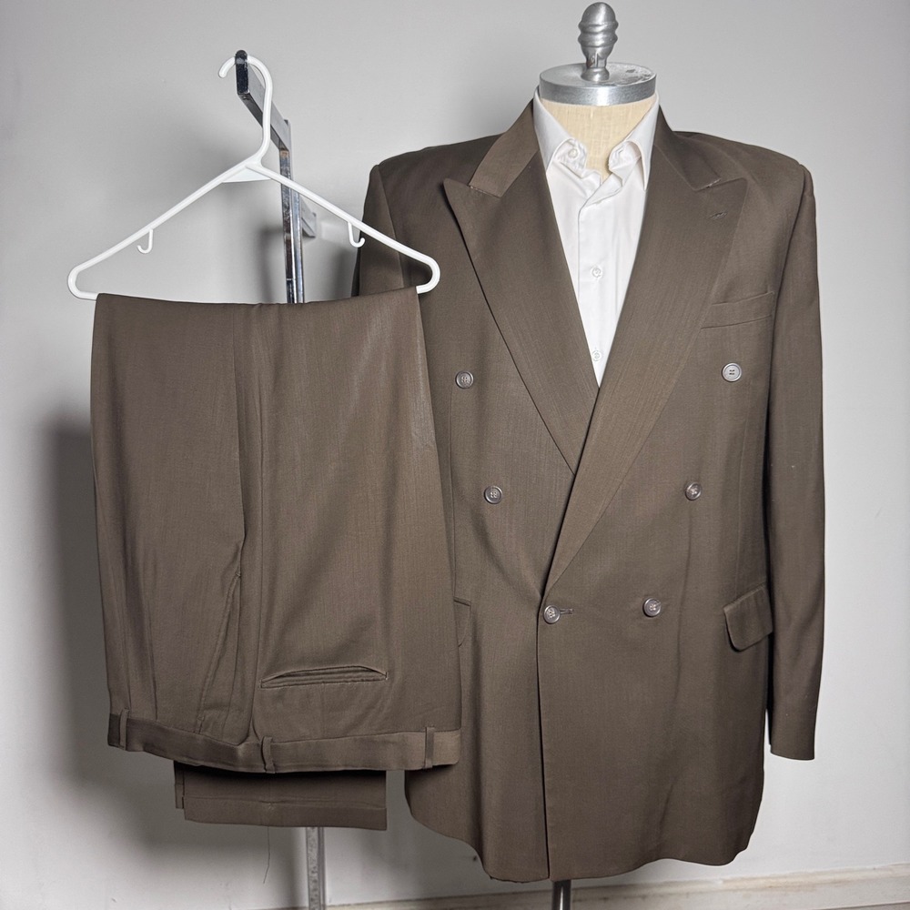 Franco Suit Mens 46L 39W Olive Brown Solid Wool Double Breasted Peak Lapel